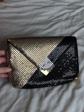 Vintage Towanny Metal Mesh Clutch Evening Bag Black Gold Silver Geo 1980s MINT